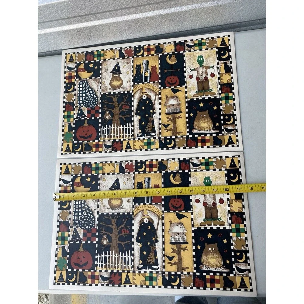 Debbie Mumm Halloween Vinyl Placemats Set 6 Folk Art Witch Frankenstein